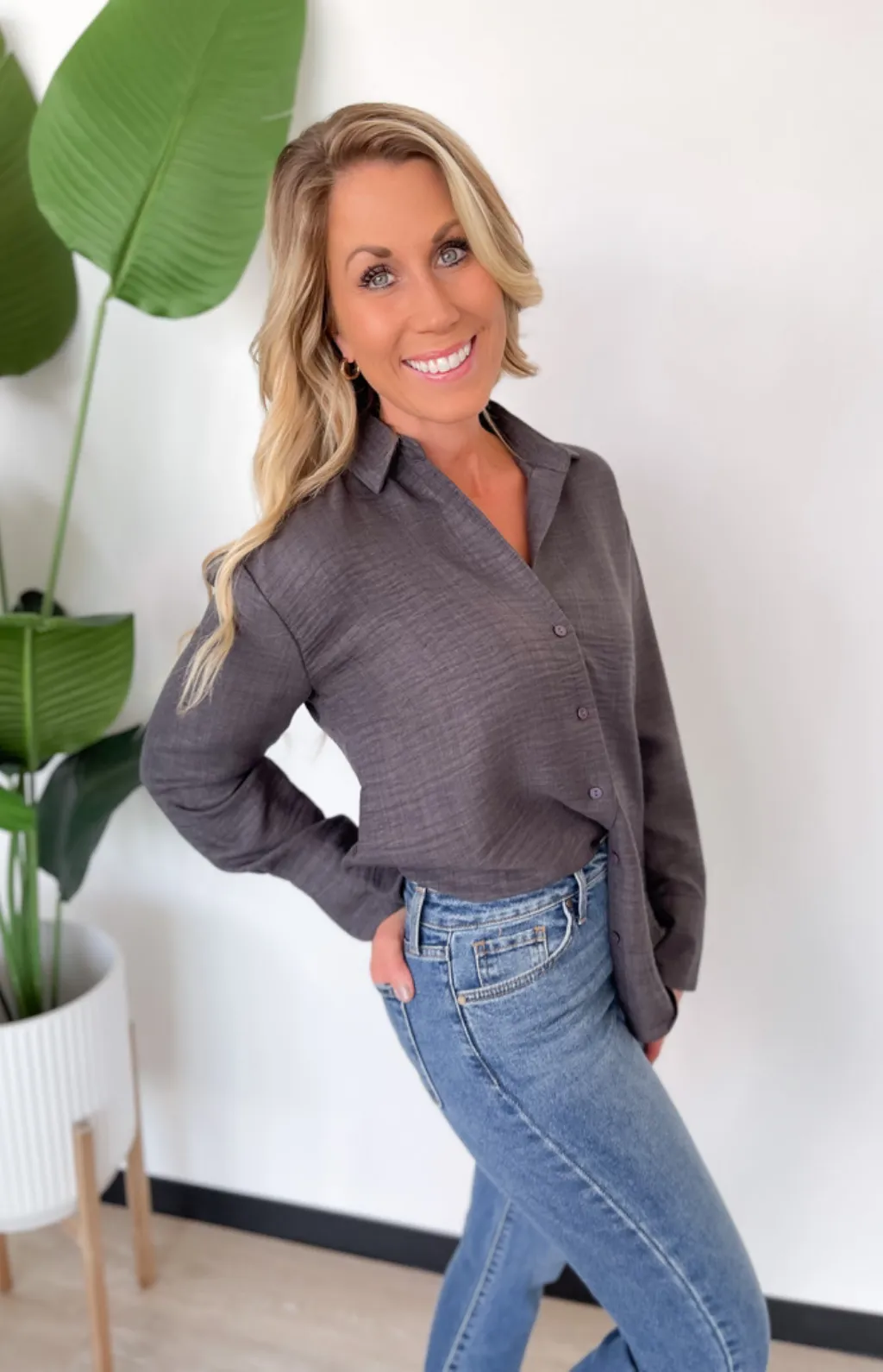 Ashley Charcoal Button Up Long Sleeve Top