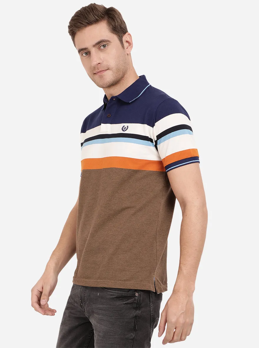 Brown & Navy Blue Striped Slim Fit Polo T-Shirt | Greenfibre