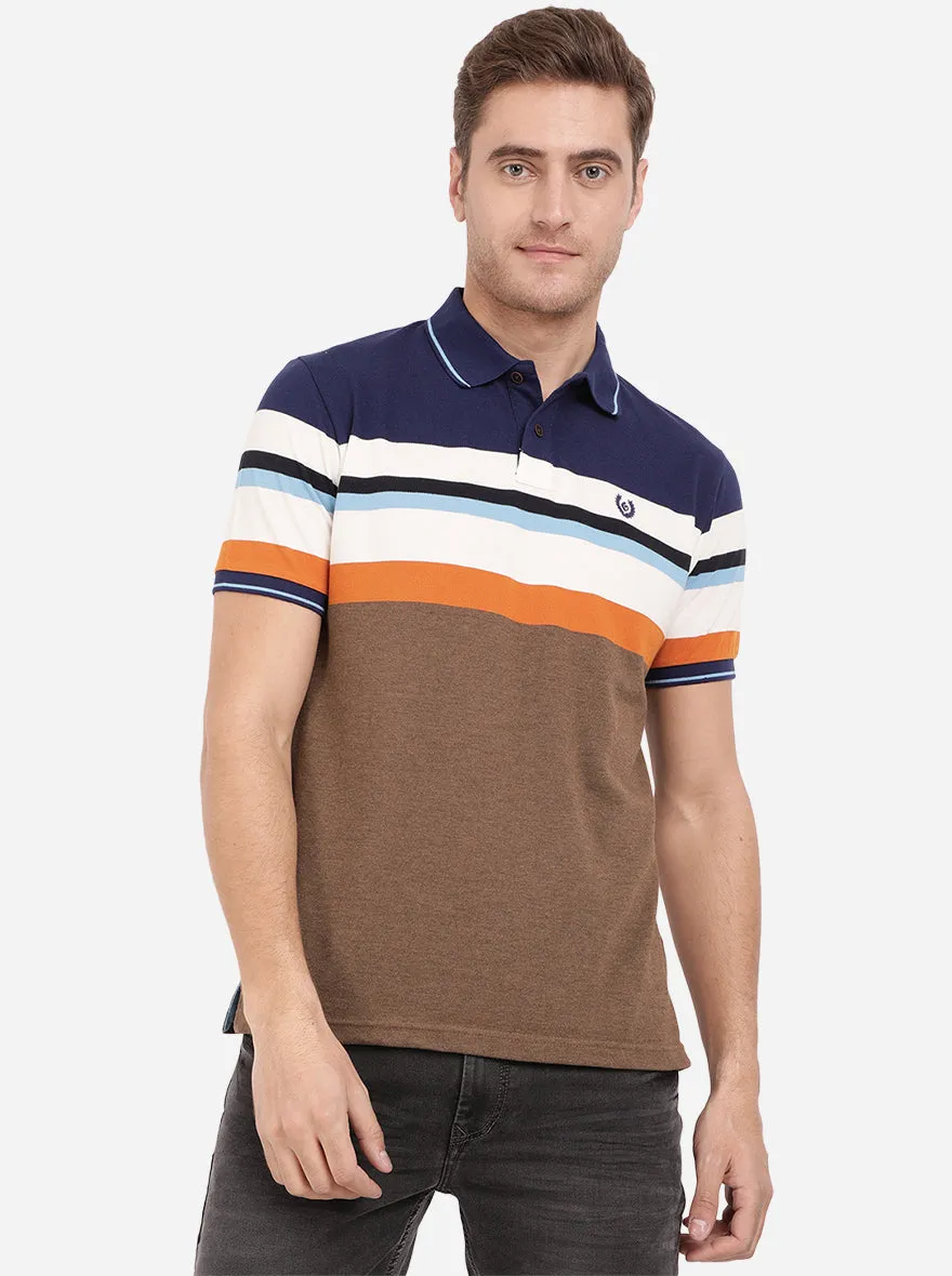 Brown & Navy Blue Striped Slim Fit Polo T-Shirt | Greenfibre