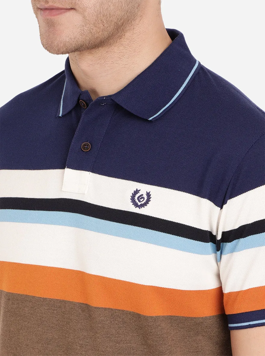 Brown & Navy Blue Striped Slim Fit Polo T-Shirt | Greenfibre