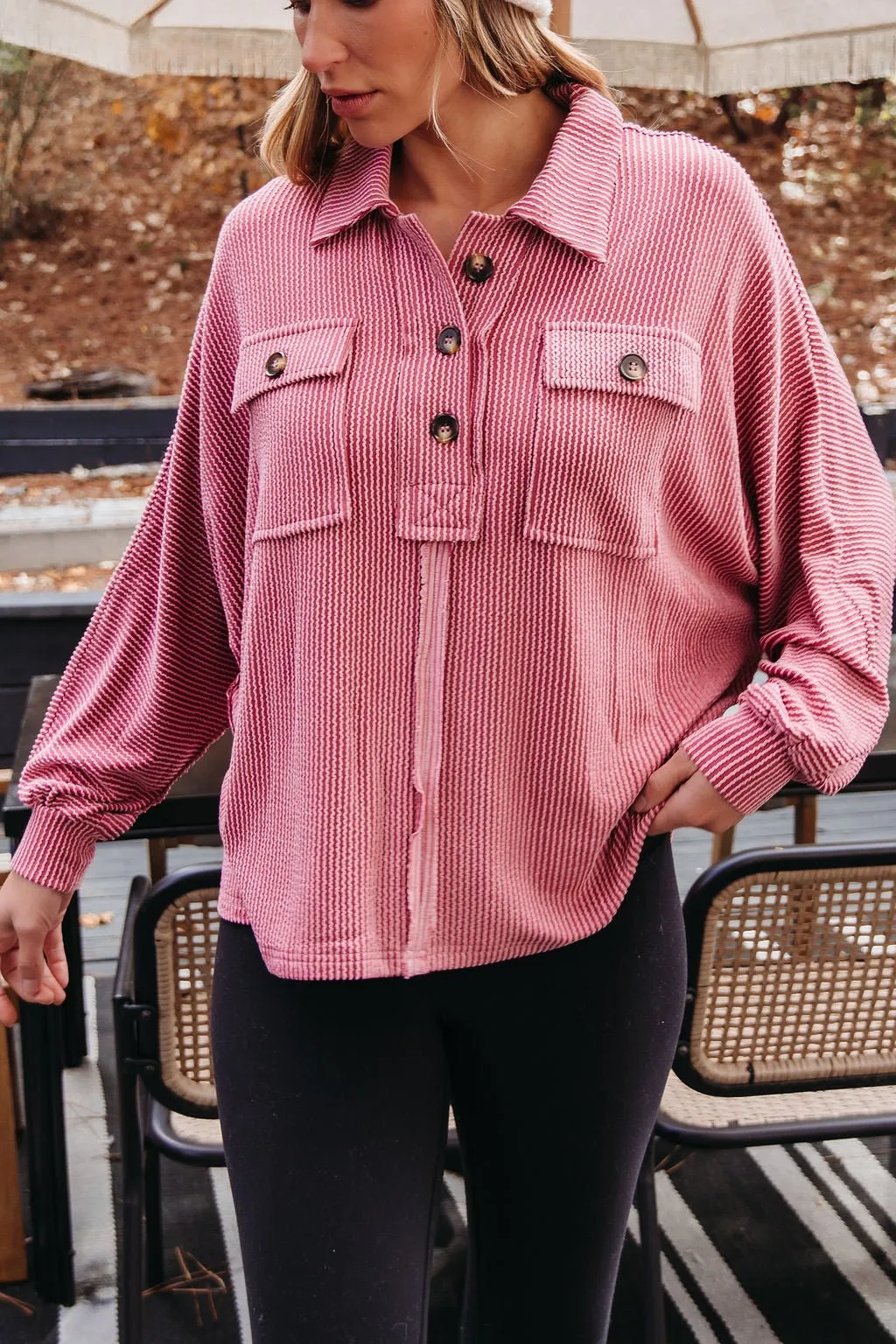 Burgundy Half Button Up Ribbed Pullover