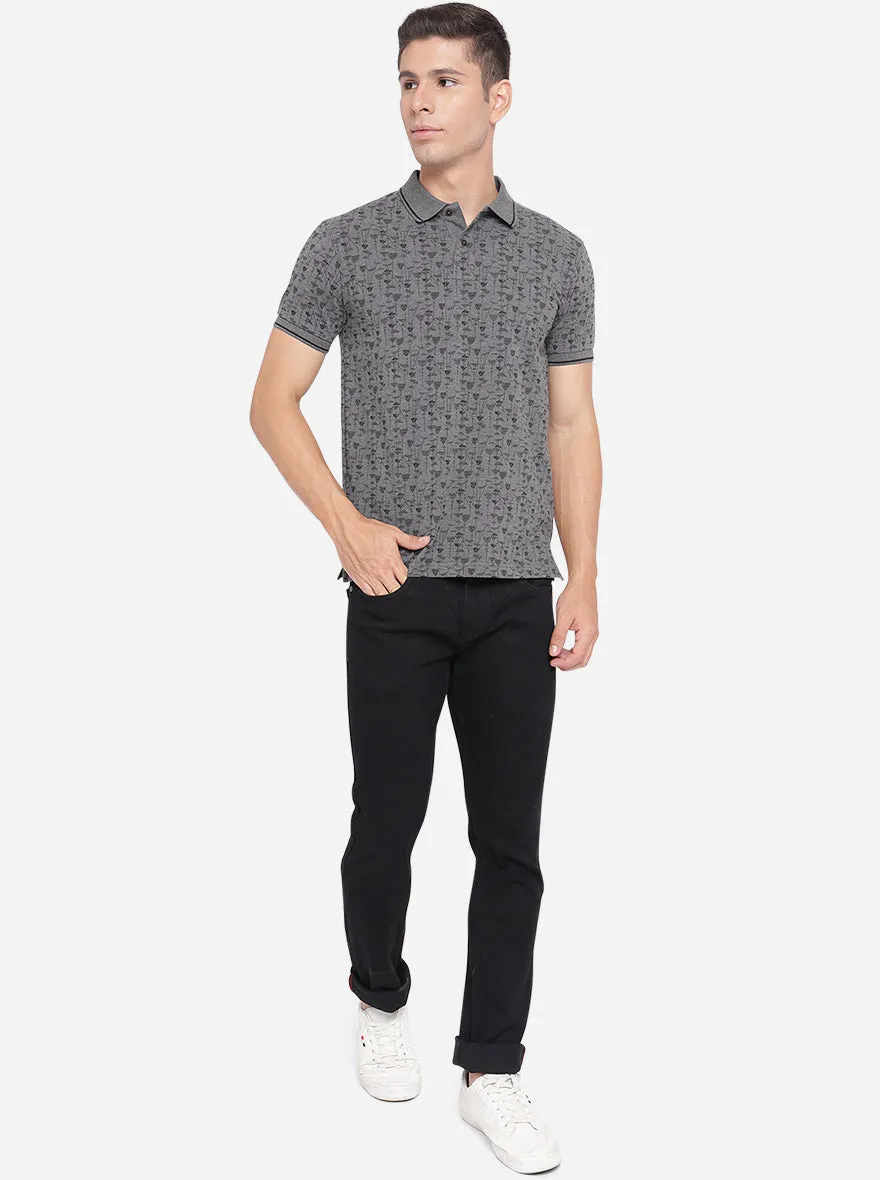 Gunmetal Grey Printed Slim Fit Polo T-Shirt | Greenfibre