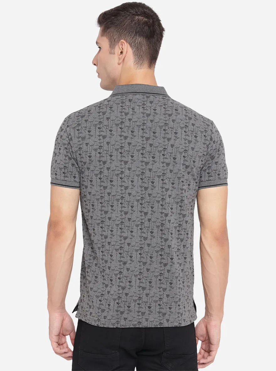 Gunmetal Grey Printed Slim Fit Polo T-Shirt | Greenfibre