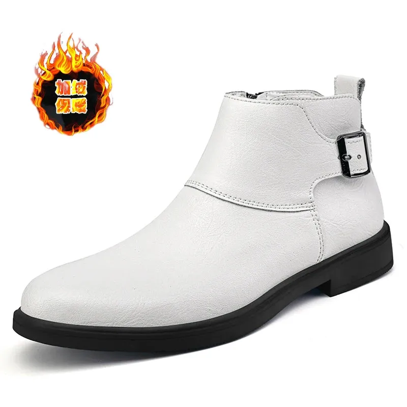 Hnzxzm Brand Chelsea Genuine Leather Mens Ankle Shoes Dress Business Boots Elegant Mans Winter Warm Luxury Quality White Boots