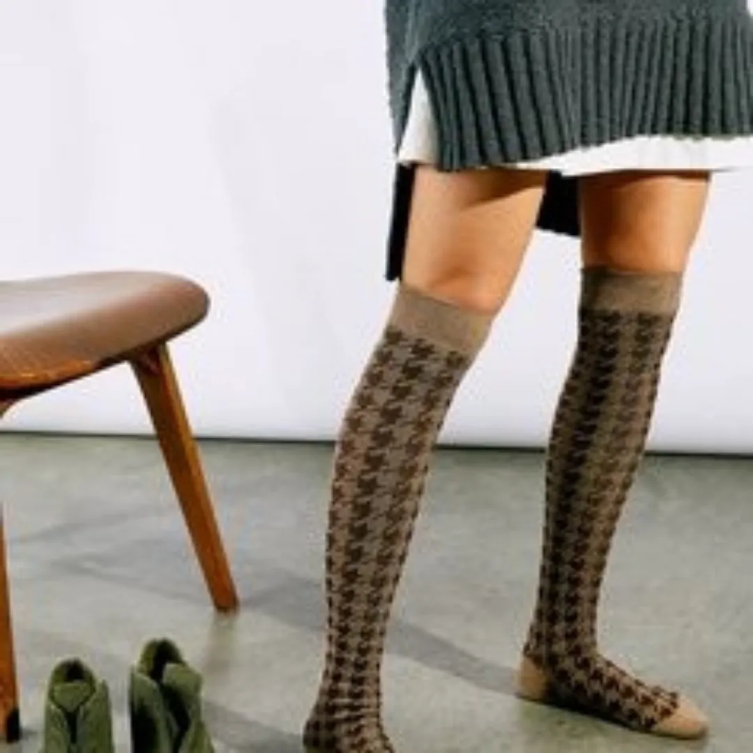 Hounds Tooth Over the Knee Sock - Tan/Brown