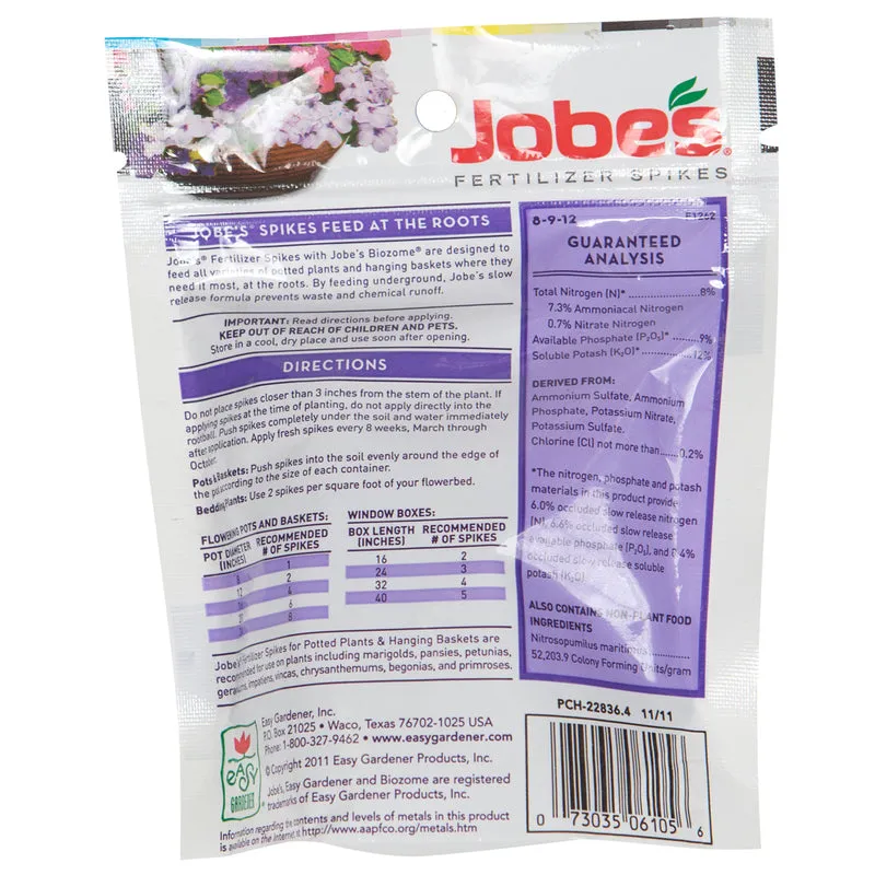 Jobe's Potted Plants & Hanging Baskets 8-9-12 Plant Fertilizer 18 pk