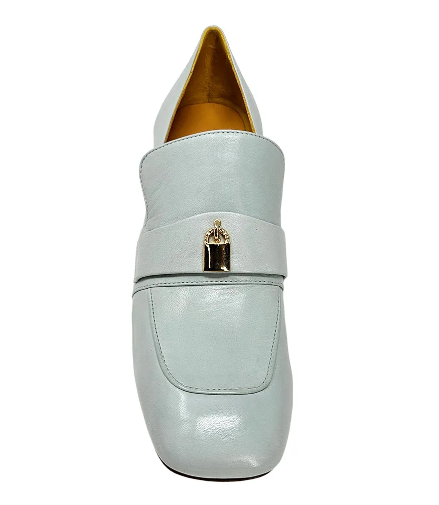 Seafoam Leather Lock Heel Loafer