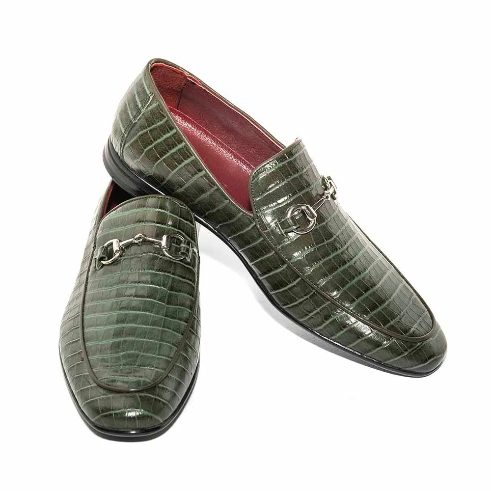 SIGOTTO UOMO Crocodile Print Green Leather Loafer