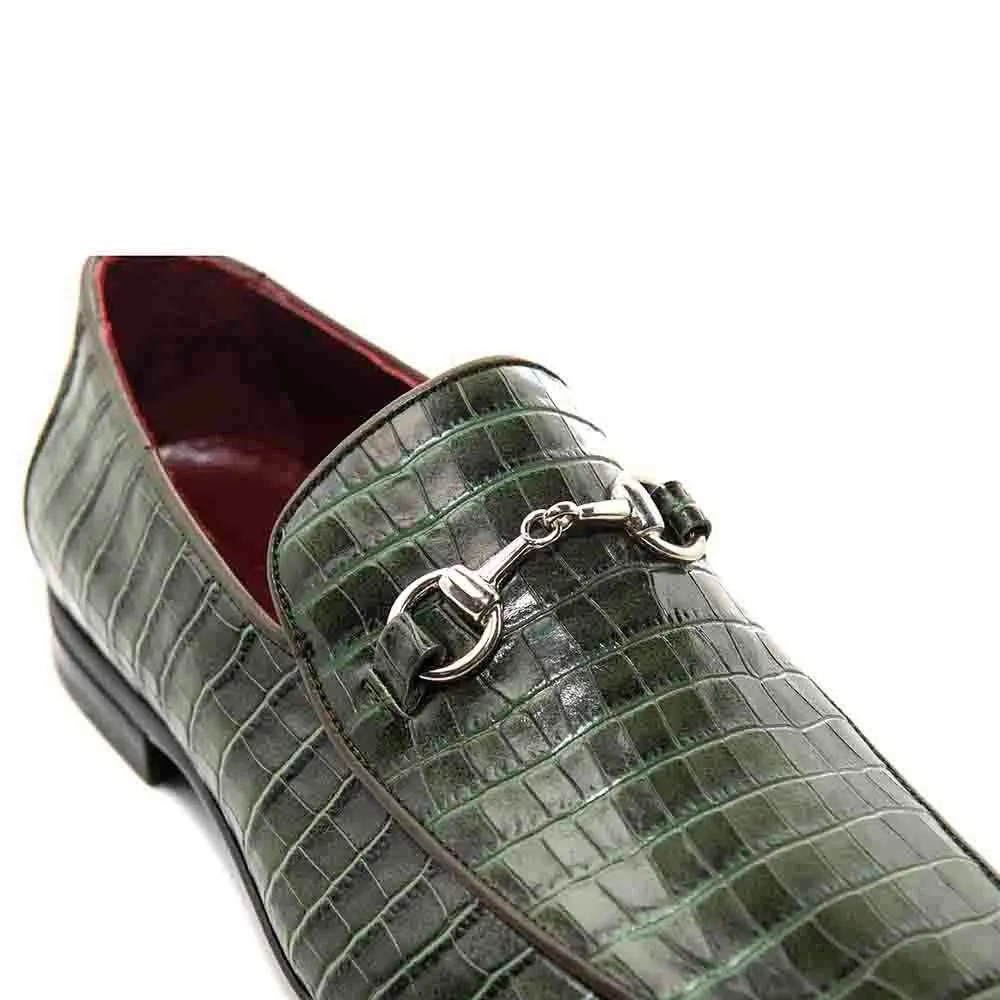 SIGOTTO UOMO Crocodile Print Green Leather Loafer