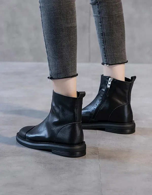 Spring Autumn Versatile Leather Short Boots Black