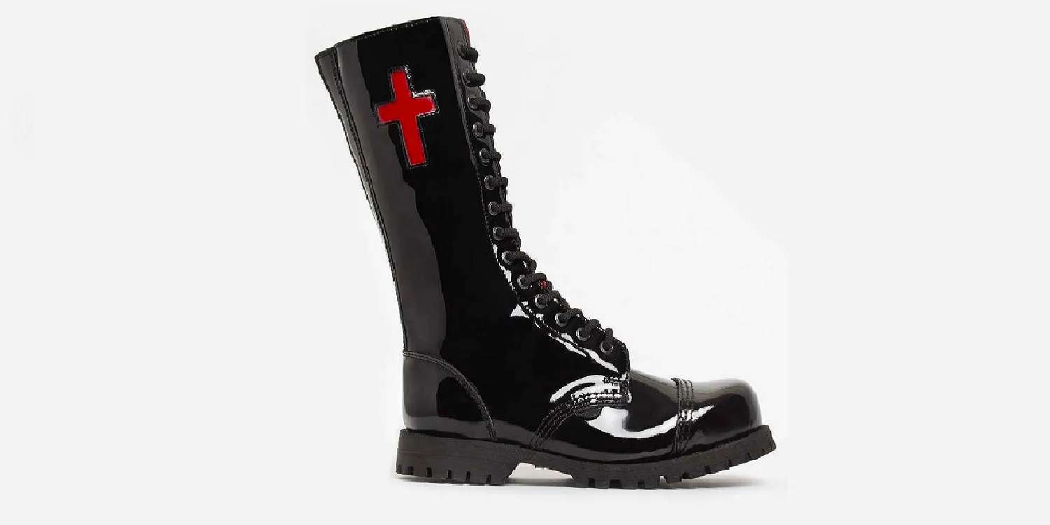 Underground 14 Eye Divine Cross Blk/Red Patent Leather Boots