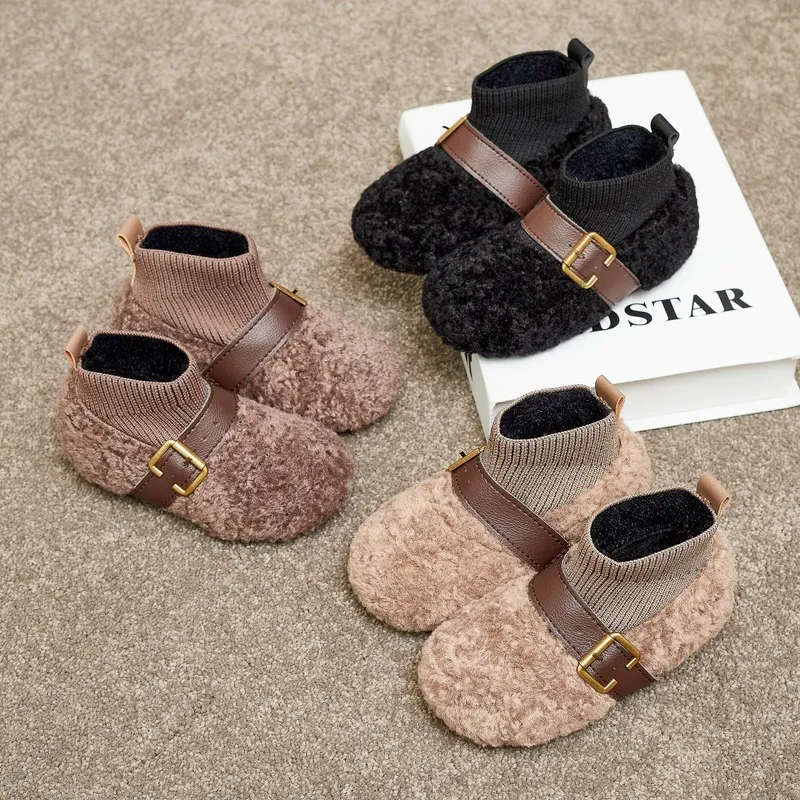 Warm Furry Fur Girls Snow Boots 2022 Velvet Girls Socks Shoes