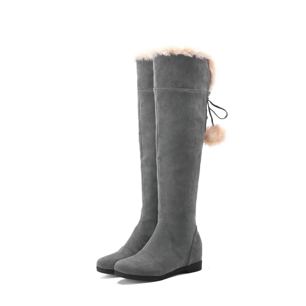 Women winter fuax fur warm flat heel over the knee snow boots