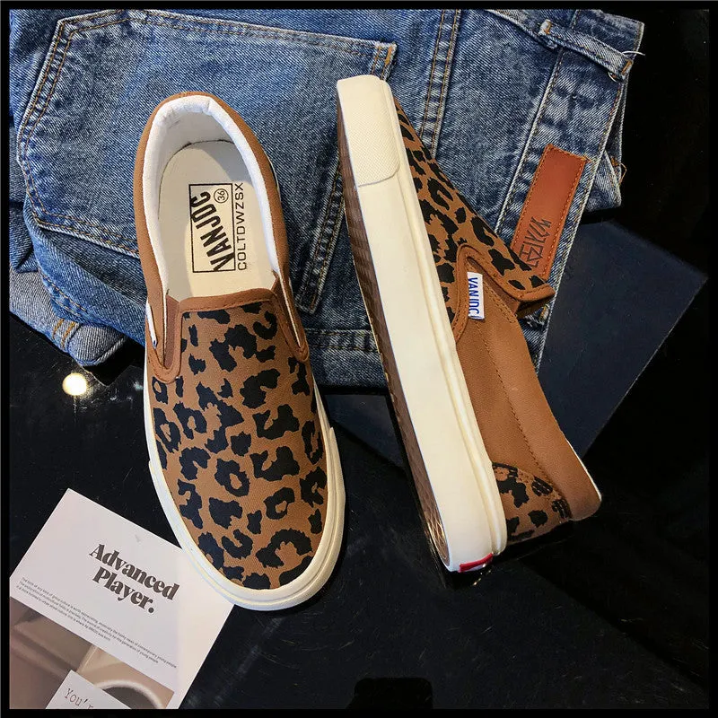 Women's Korean Style Leopard Print Dark Versatile Slip-on Canvas Shoes