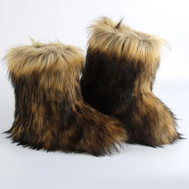 Women's multiclor fashion fluffy snow boots plush lining non-slip flat winter warm booties