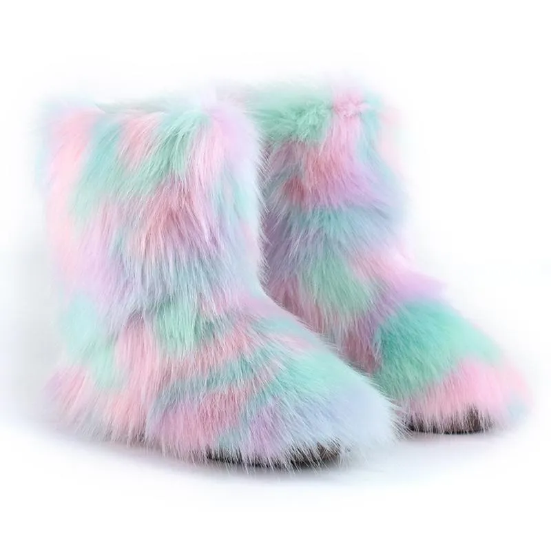 Women's multiclor fashion fluffy snow boots plush lining non-slip flat winter warm booties