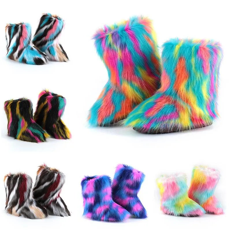 Women's multiclor fashion fluffy snow boots plush lining non-slip flat winter warm booties